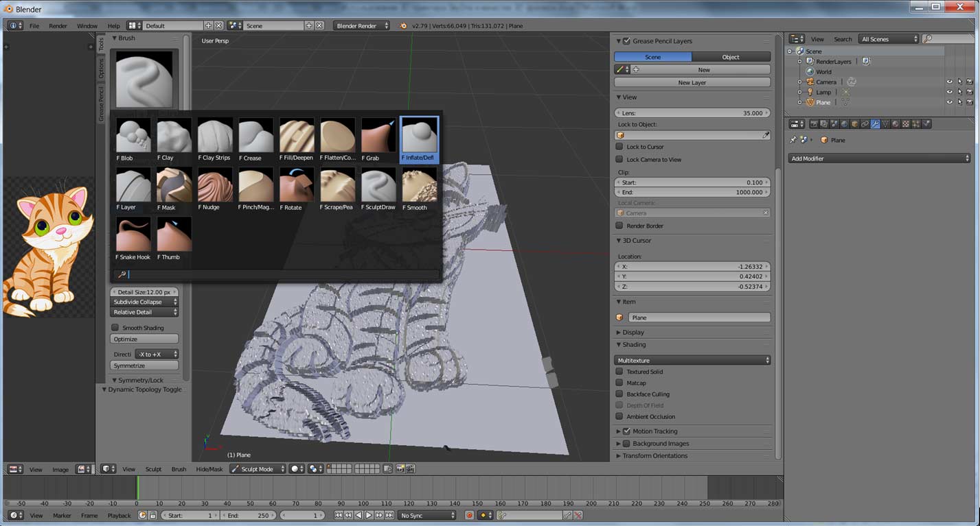 Milling with 3D printer SkyOne according a bitmap image -  improving the model by brushes - Sculpt mode -  Blender